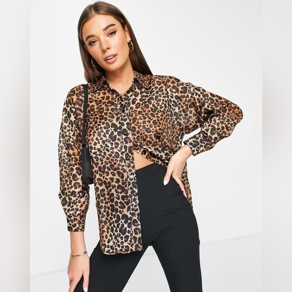 stradivarius Tops - ASOS- Stradivarius  Button Down Leopard Print Blouse Sz Large Office Siren